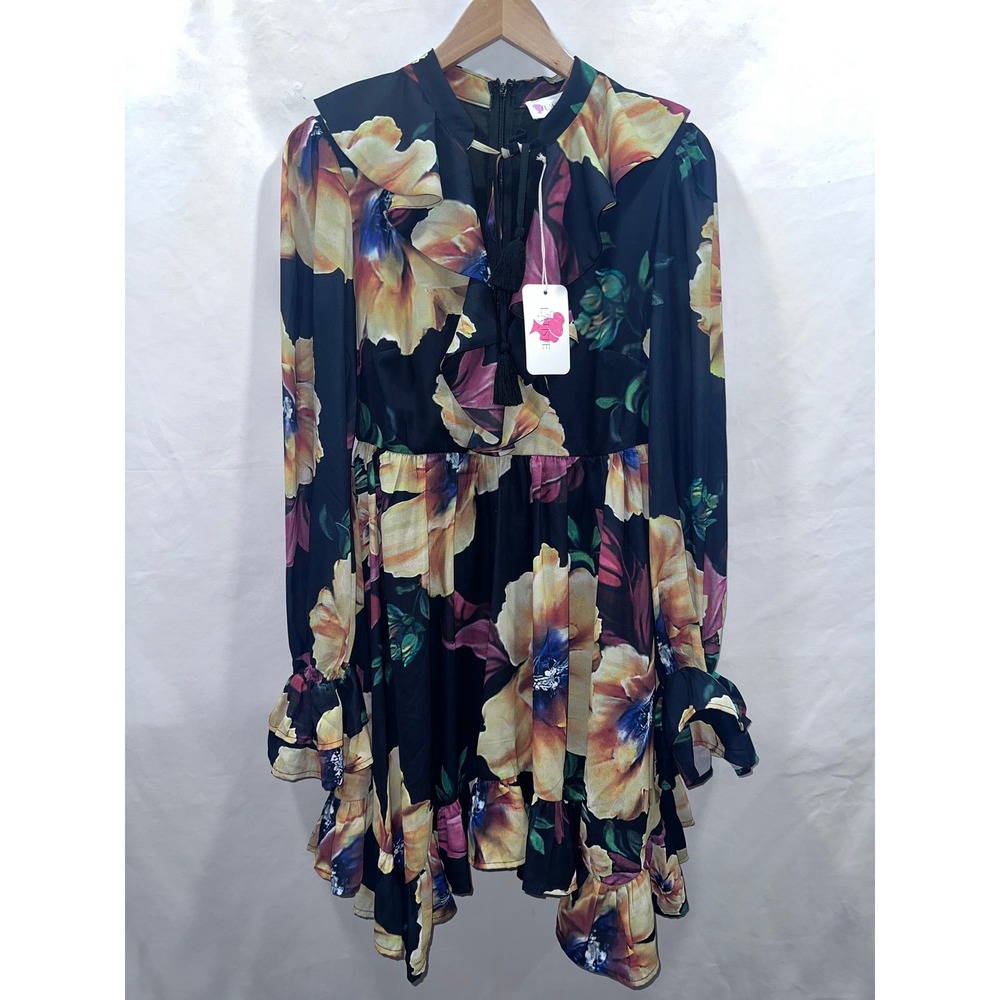 L'Atiste by Amy Floral Boho Mini Dress Black Yellow Ruffle Tassel Long Sleeve